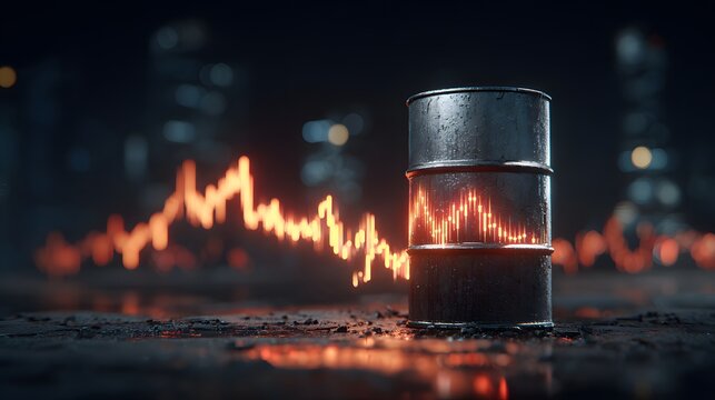 Metal oil barrel with glowing financial chart overlay in dark urban setting, global oil market volatility and energy price fluctuation concept