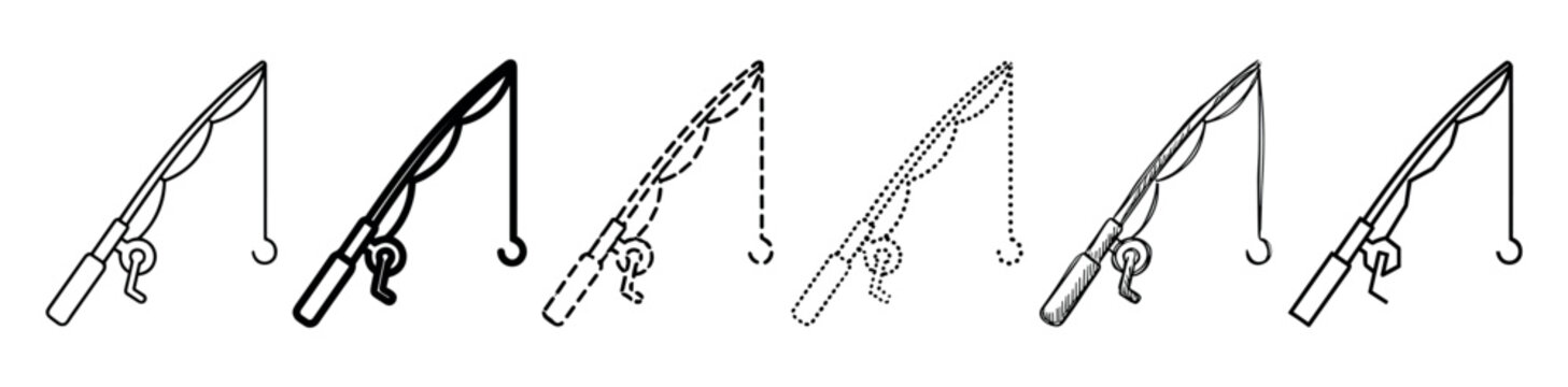Set of black fishing rod icons with a hook and reel, illustrated in multiple line styles such as outline, bold, dashed, dotted, and a hand-drawn sketch