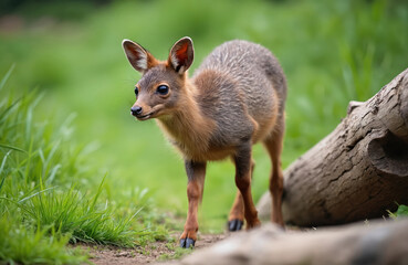 Fototapeta premium Small deer pudu walks on green grass near log in zoo enclosure. Tiny cervid mammal with brown fur and big ears looks alert. Rare animal in park habitat.