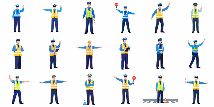 Flat Style Various Poses Traffic Marshall Directing Safety Illustration Set