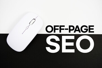 On-Page SEO text and wireless mouse on white and black background