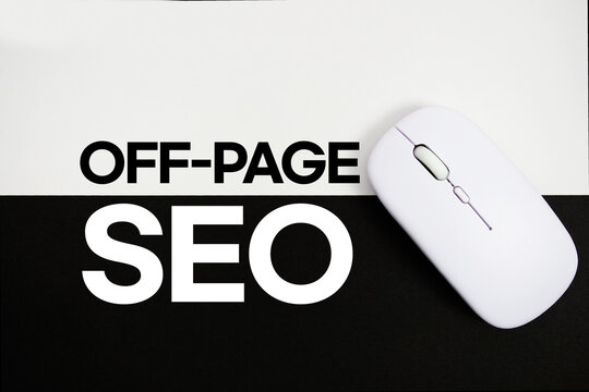 Off-Page SEO text and wireless mouse on white and black background