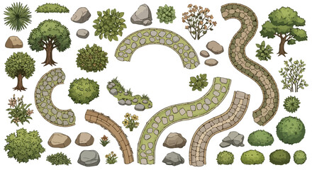 Top view vector garden elements set: trees, bushes, rocks, and winding stone paths for landscape design, isolated on white © sweet.love.com