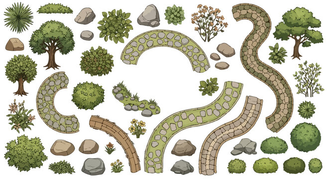 Top view vector garden elements set: trees, bushes, rocks, and winding stone paths for landscape design, isolated on white