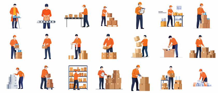 Flat Cartoon Worker Packing Boxes for Delivery and Shipment Illustration Set