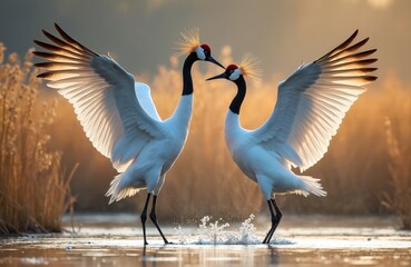 Fototapeta premium Two elegant red crowned cranes perform courtship dance in shallow water. Birds with spread wings move gracefully at sunrise. Golden reeds form background in serene wetland habitat.