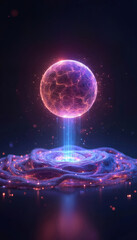Fototapeta premium Glowing orb pulsates energy over swirling cosmic structure. Abstract light beams connect matter. Digital universe expands with bright sparks and dark void. Future tech concept.