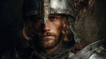 Caucasian young male knight in medieval armor with helmet and intense expression.