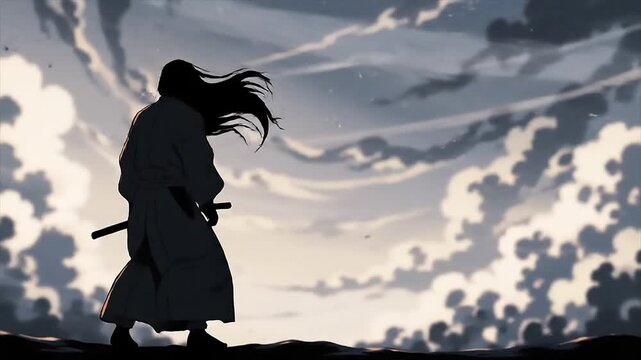 Epic anime samurai wallpaper depicting a lone warrior against a dramatic sky