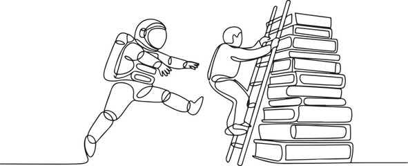 Single continuous line drawing astronaut kicks opponent who climbing a pile of books with a ladder. Failed to gain access to profitable business principles. Rival. one line Icon drawing © Mofazzelh
