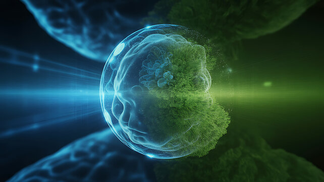 Glowing green brain with blue light rays in futuristic abstract background