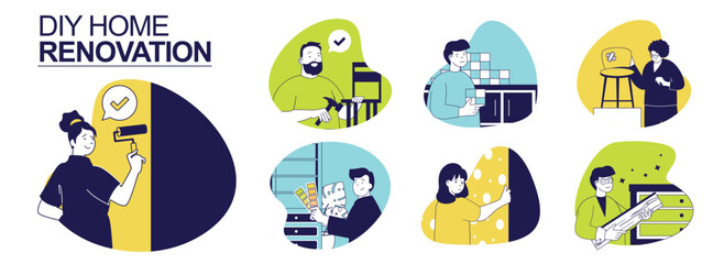DIY home renovation concept set for web design. Collection with people painting walls, assembling or repairing furniture, choosing colours for wallpapers, constructing and fixing. Vector illustration.