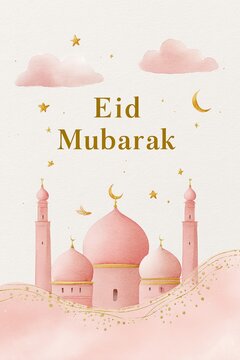 Stock illustration of an elegant Eid greeting card featuring a pink mosque silhouette, decorative clouds, stars, and the text Eid Mubarak in gold lettering