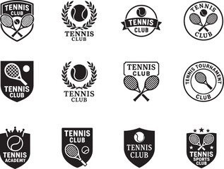 Obraz premium Set of tennis club badges in vector EPS, ideal for sports, clubs, tournaments, and branding.