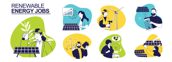 Renewable energy jobs concept set for web design. Collection with people work as technicians at wind turbines or solar panels stations, analyzing and controlling energy factory. Vector illustration.