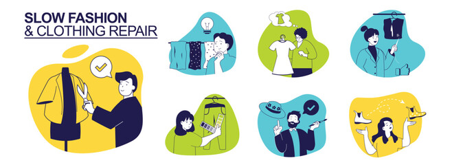 Slow fashion and Clothing repair concept set for web design. Collection with people sewing apparels, upcycling fabric, choosing eco clothes and textiles, reusing and recycling. Vector illustration.