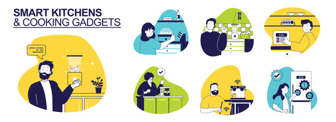 Smart kitchens and Cooking gadgets concept set for web design. Collection with people use blender, egg cooker, coffee machine, other appliance with wireless and interface in app. Vector illustration.