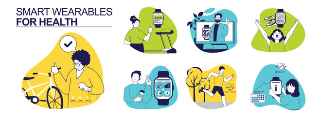 Smart wearables for health concept set for web design. Collection with people use wristwatch with data tracker for monitoring while cycling, treadmill running, sport tracking. Vector illustration.