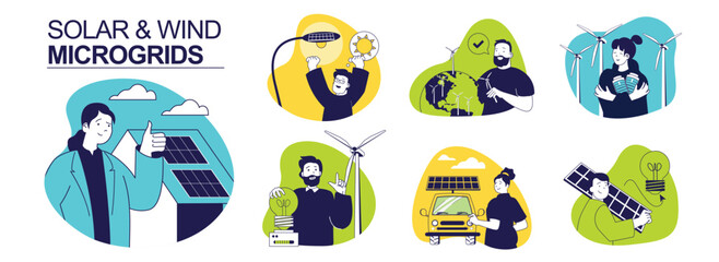 Fototapeta premium Solar and wind microgrids concept set for web design. Collection with people using solar panels at house rooftop, wind turbines generation, renewable home electricity system. Vector illustration.