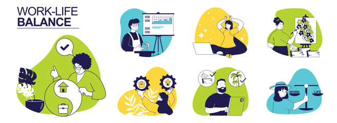Work-Life balance concept set for web design. Collection with people keep job and home in harmony, balancing career and family, managing stress, lifestyle and mental health. Vector illustration.