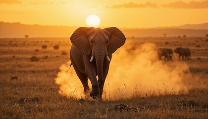 A powerful African elephant running across the golden savanna at sunrise