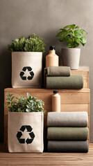 Two wooden crates hold plants and green materials in a simple display. Recycling symbols are featured on containers to promote eco-friendly practices for Earth Day
