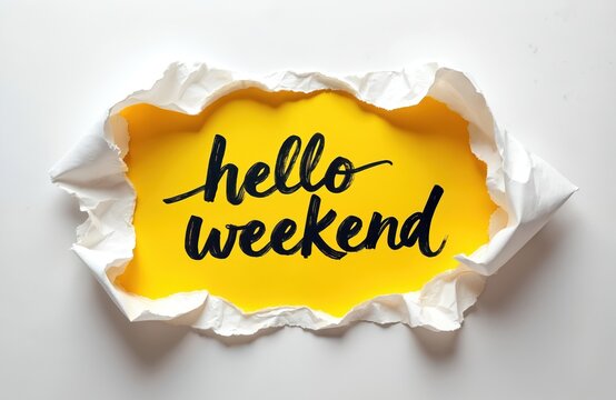 Torn paper reveals bright yellow background with black cursive text saying hello weekend. Festive greeting signals end of work week and start of relaxation time.