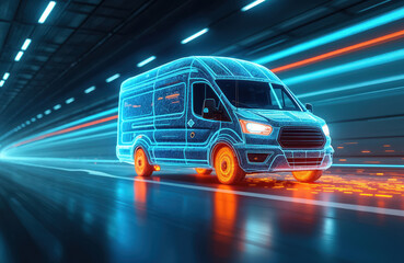 Fototapeta premium Futuristic blue wireframe van moves fast through glowing neon tunnel at night. Digital transport tech with bright orange wheels in motion blur. Autonomous delivery vehicle in city infrastructure.
