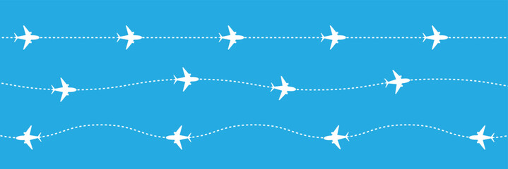 Airplane flight routes travel pattern background. Seamless aviation themed background with airplane icons and dotted flight paths, representing air travel, global transportation. Vector illustration. 