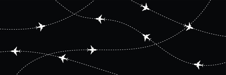 Airplane flight routes travel pattern background. Seamless aviation themed background with airplane icons and dotted flight paths, representing air travel, global transportation. Vector illustration. 