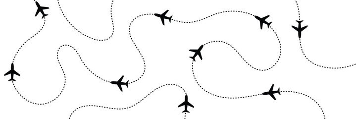 Airplane flight routes travel pattern background. Seamless aviation themed background with airplane icons and dotted flight paths, representing air travel, global transportation. Vector illustration. 