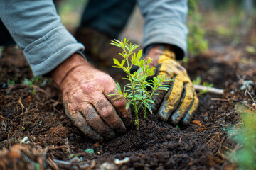 People are planting small trees in the ground to support Earth Day activities. They are focused on promoting sustainable practices in a natural area with greenery all around