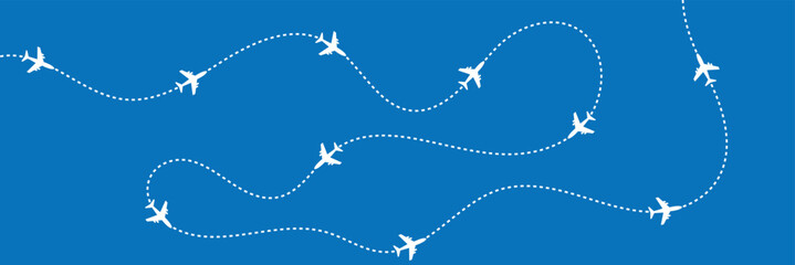 Airplane flight routes travel pattern background. Seamless aviation themed background with airplane icons and dotted flight paths, representing air travel, global transportation. Vector illustration. 