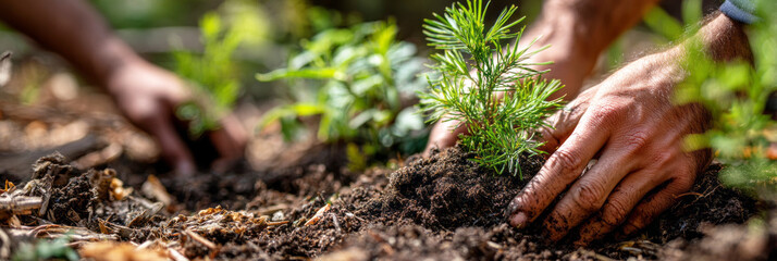 People are planting small trees in the ground to support Earth Day activities. They are focused on promoting sustainable practices in a natural area with greenery all around