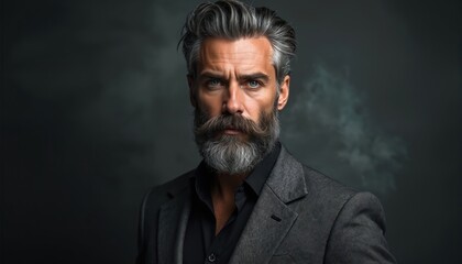Fototapeta premium Mature man with grey hair and full beard wears grey suit jacket. He has piercing blue eyes and a confident expression. Style icon with impeccable grooming.