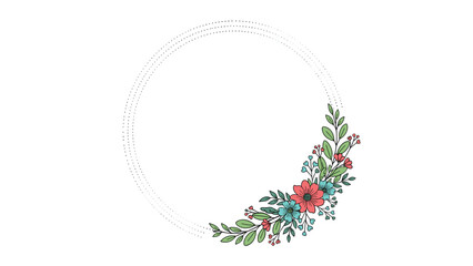 Round decorative frame made of concentric dashed circles and a colorful bouquet of flowers at the bottom right corner.