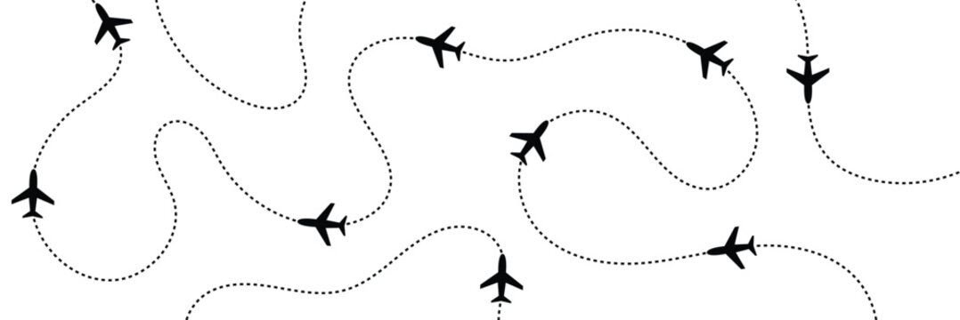 Airplane flight routes travel pattern background. Seamless aviation themed background with airplane icons and dotted flight paths, representing air travel, global transportation. Vector illustration. 