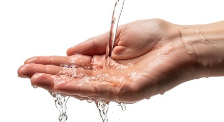 Fototapeta premium water pouring down onto a hand, on a solid white background, wet fluid splash