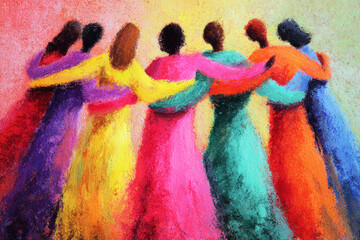 Women are gathered together with arms around each other on March 8 to show support for one another. The scene reflects solidarity for International Women Day