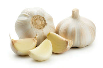 A group of garlic bulbs and cloves on a white background