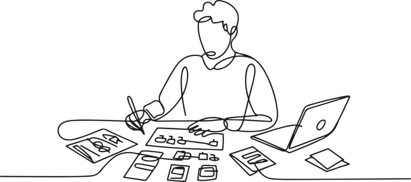 One continuous line drawing of young company founder formulating standard operating procedure for their startup. Business growth discussion concept. one line Icon drawing