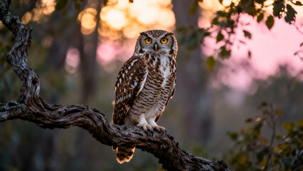 Obraz premium Owl perched on a tree branch in forest at dusk.