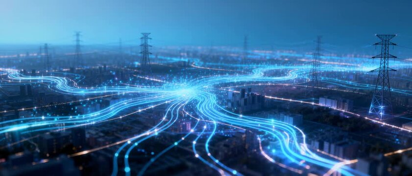Futuristic Urban Landscape with Glowing Digital Networks and Power Transmission Towers at Dusk