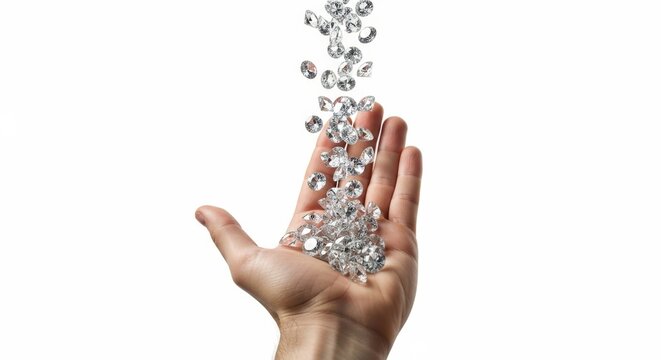 diamonds falling down onto a hand, on a solid white background, glimmering jewels, luxury