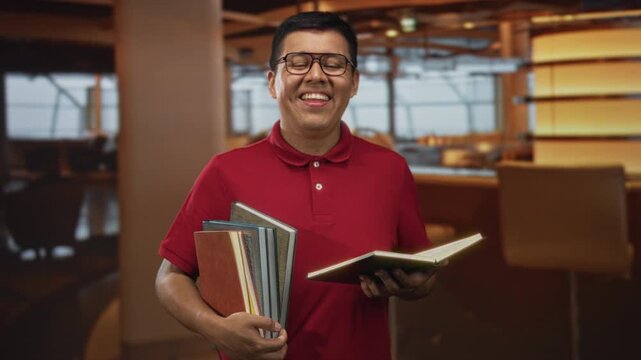 Young hispanic man wearing red polo and glasses holding open book with right hand and stack of books in left arm while smiling in a restaurant building; study joy.