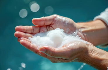 Fototapeta premium Hands hold white soap foam with water drops. Bubbles show clean skin care. Blue blurry background with light circles suggests hygiene and health practices.