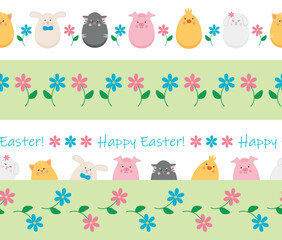 Easter Decorative Border Set with Funny Eggs and Flowers, Ornaments for festive eggs and spring decor