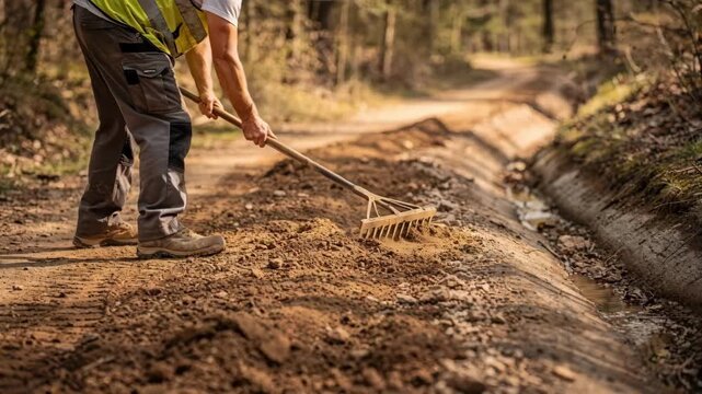 Laborer smoothing trail soil near drainage features handheld rake in sharp detail contrasted by a gentle blur on distant trail elements