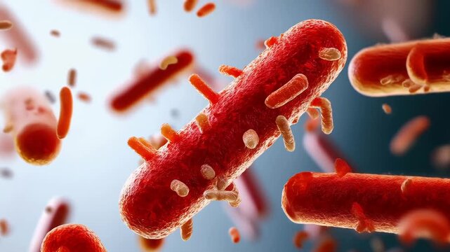 Red bacteria microorganism infection disease pathogen microscopic science health biology closeup 3D render floating danger vivid color medicine cell