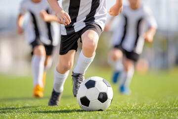 Fototapeta premium Child dribbling a soccer ball on a green field, wearing a black and white jersey with teammates blurred in the background during a sunny day